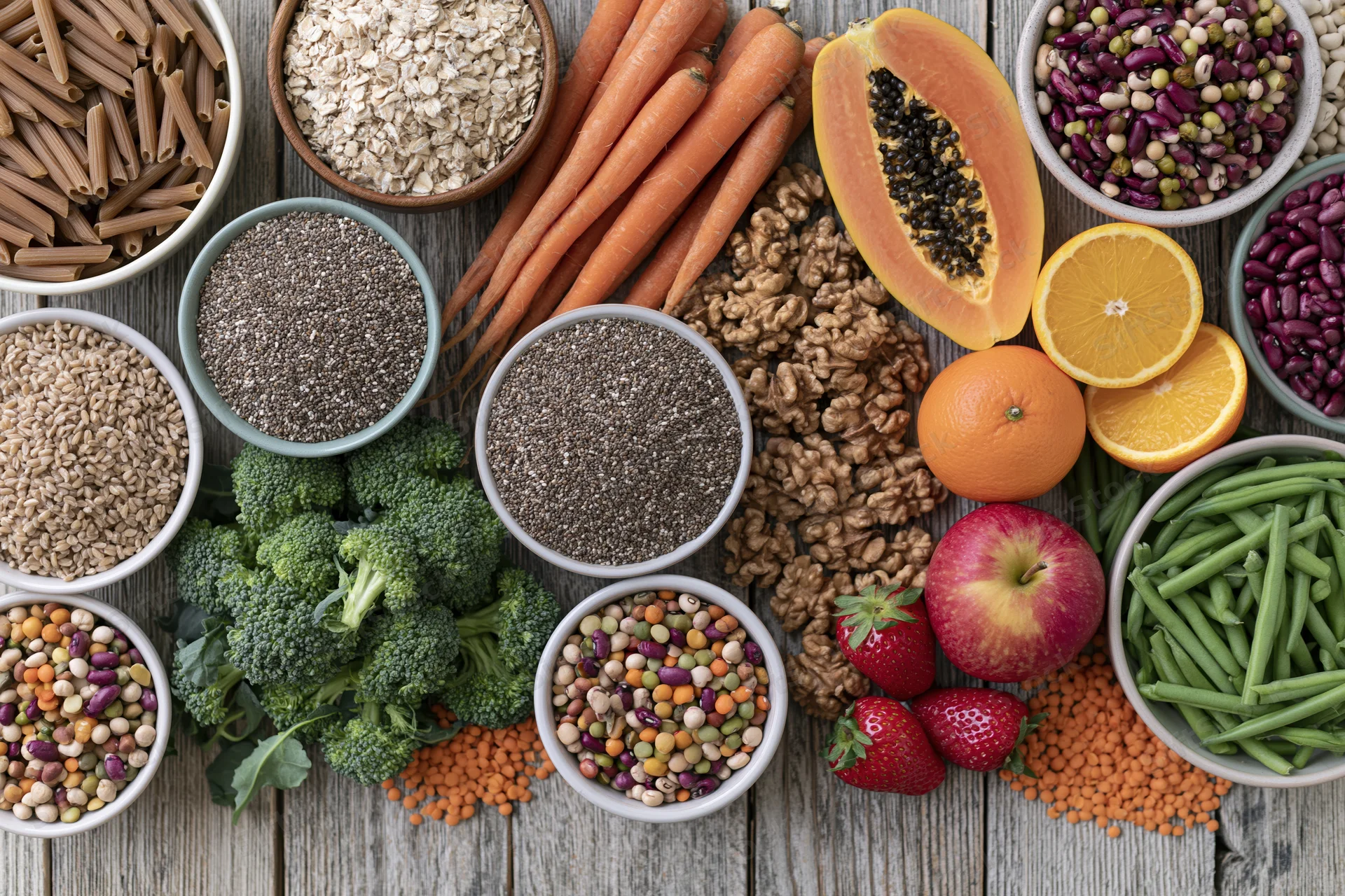 Overhead flat lay of assorted whole foods including fruits vegetables grains legumes on wooden surface