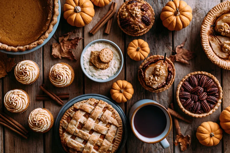 Overhead flat lay of autumn thanksgiving desserts on a wooden table with pumpkin pies, cupcakes, tarts, coffee, and cinnamon sticks