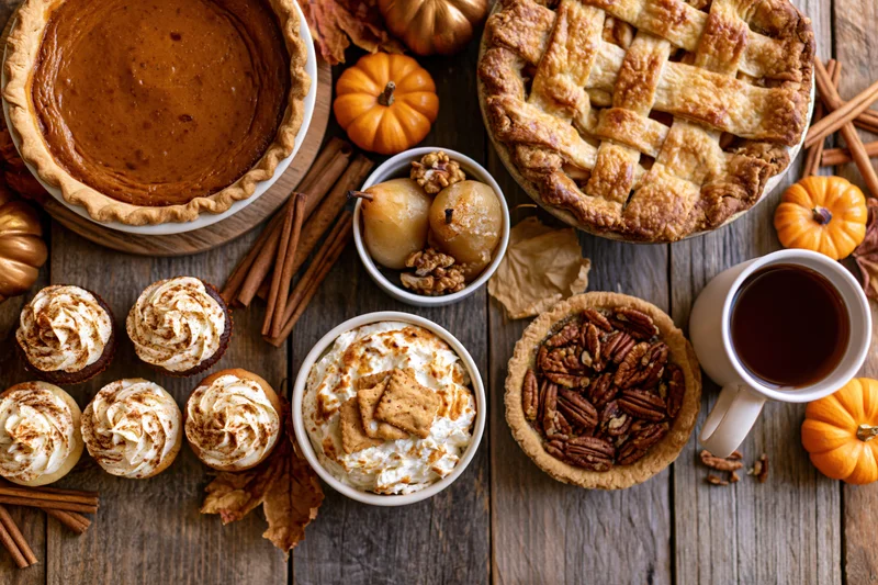 Overhead flat lay of autumn thanksgiving desserts on a wooden table with pumpkins and cinnamon sticks