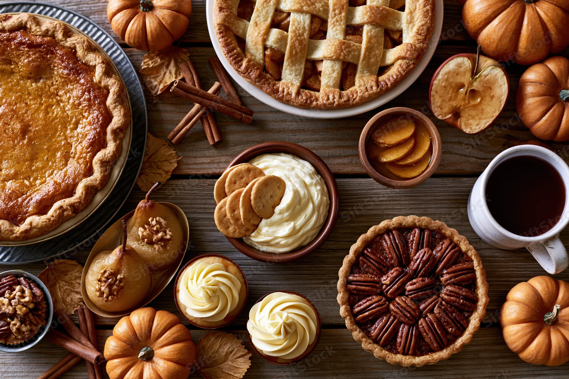 Overhead flat lay of autumn thanksgiving dessert spread on wooden table with pumpkin pies, pecan pie, cupcakes, cookies, coffee, and fall decorations