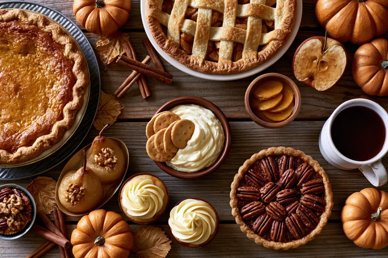 Overhead flat lay of autumn thanksgiving dessert spread on wooden table with pumpkin pies, pecan pie, cupcakes, cookies, coffee, and fall decorations