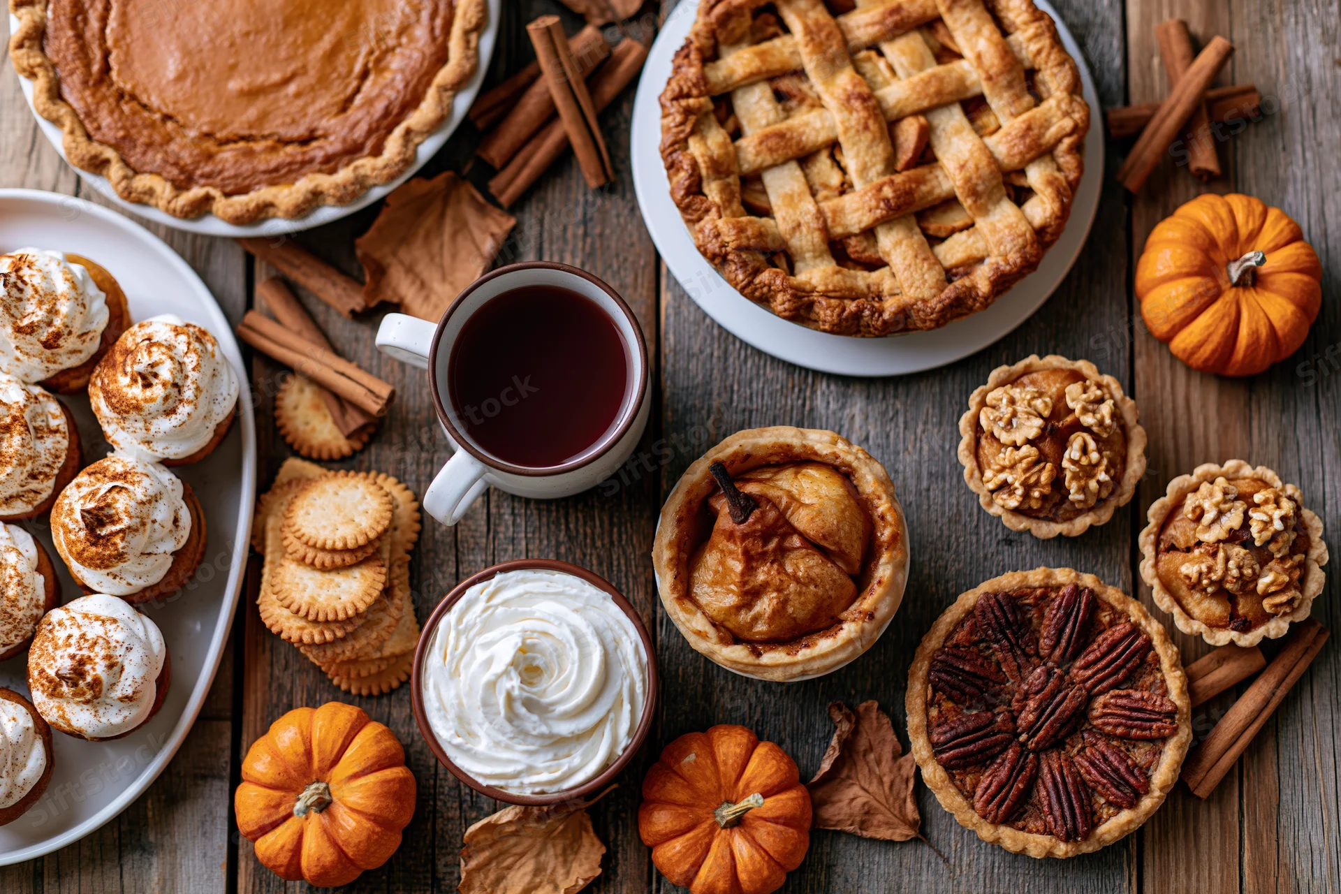 Overhead flat lay of autumn thanksgiving dessert spread on wooden table with pies, tarts, cookies, and pumpkins
