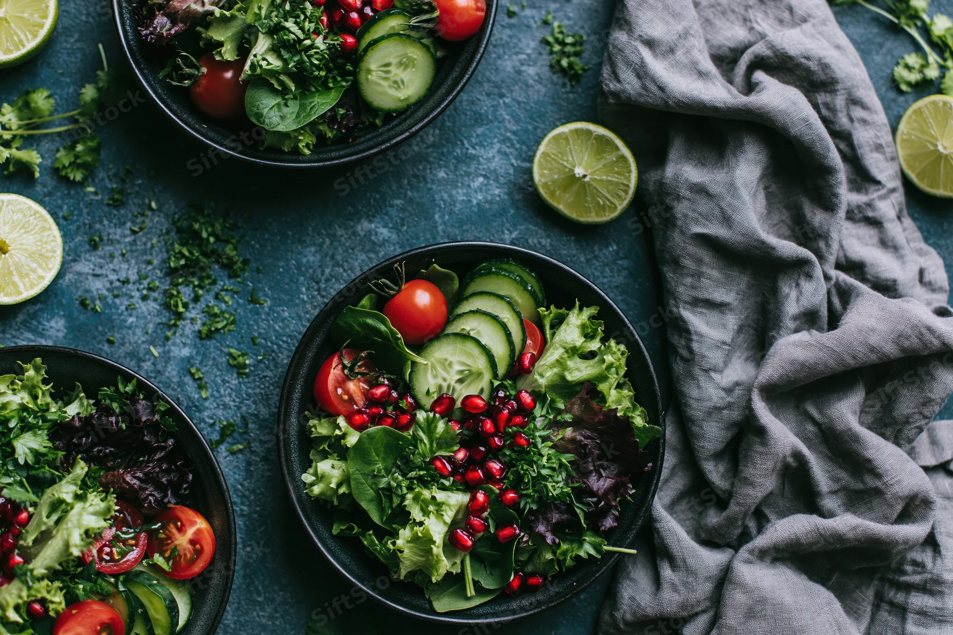 Overhead flat lay of dark ceramic bowls filled with fresh salad and garnished with lime and herbs on a dark surface