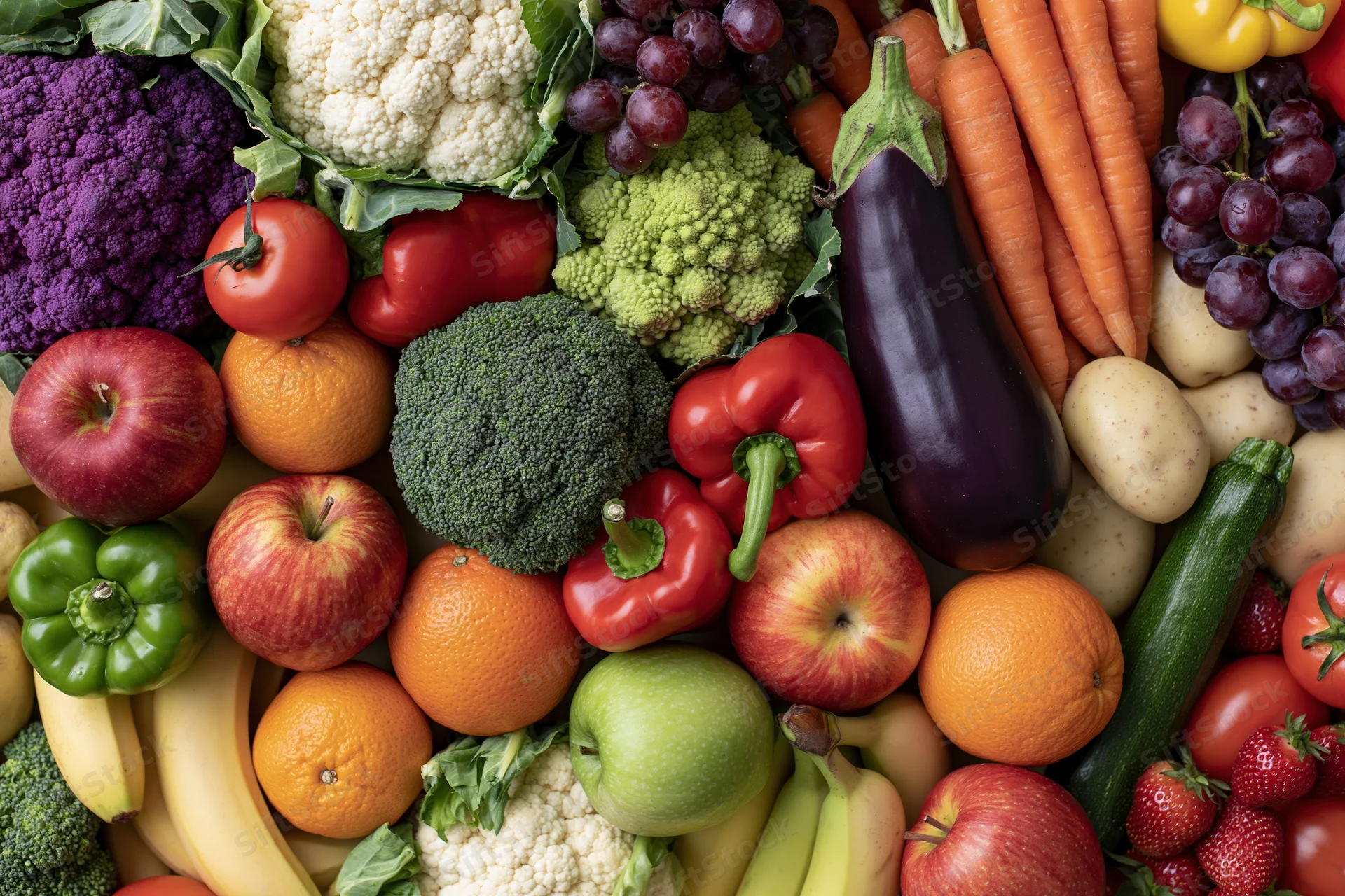 Overhead flat lay of densely packed fresh fruits and vegetables in vibrant colors