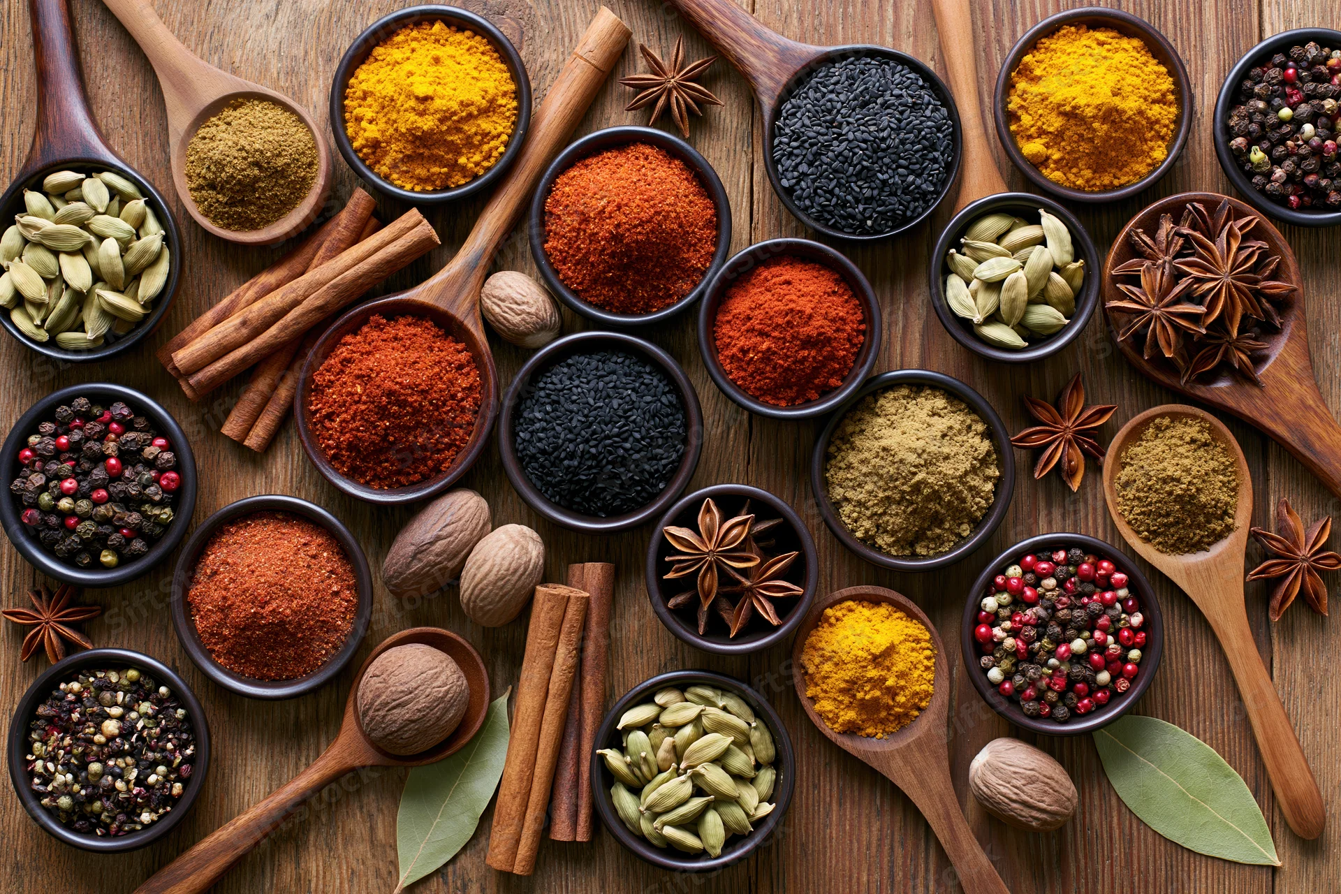 Overhead flat lay of assorted whole and ground spices arranged on wooden surface with wooden spoons and bowls