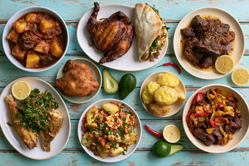 Overhead flat lay of eight varied dishes including roasted chicken, fish, beef stew, and vegetables arranged on a blue wooden table