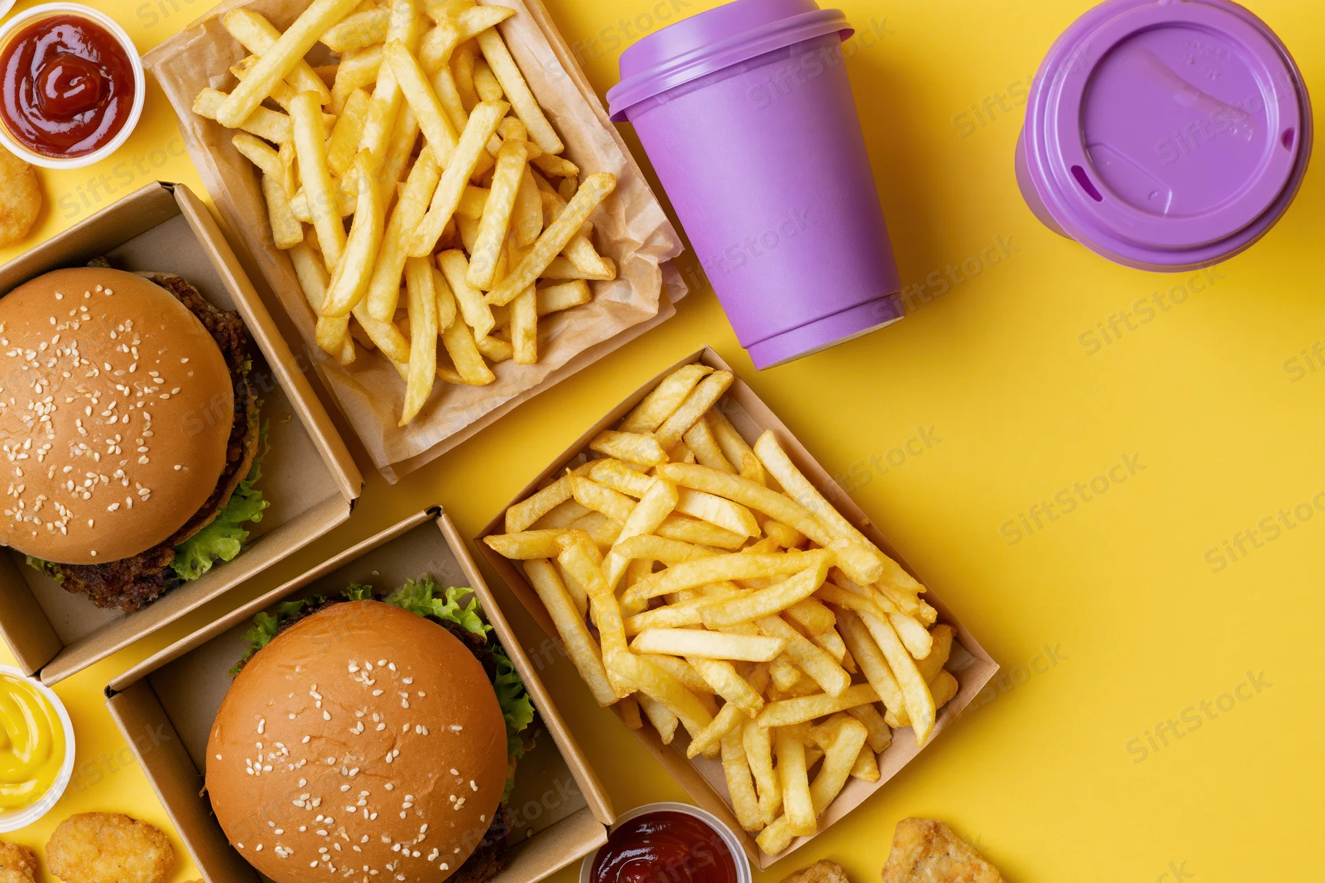 Two burgers with fries and condiments arranged on yellow surface with purple cups and copyspace
