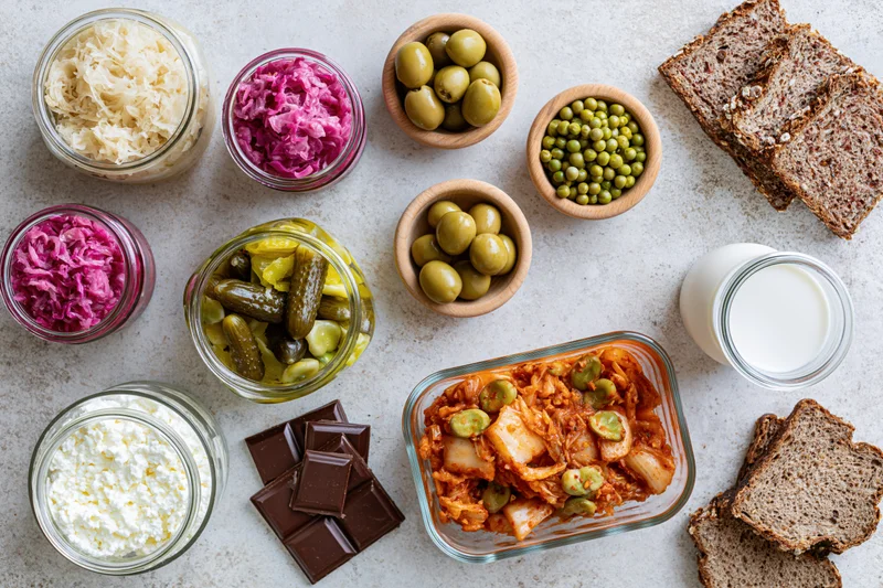 Overhead flat lay of fermented and probiotic foods arranged on a countertop with jars, bowls, bread, and dairy products