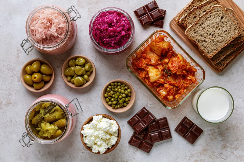 Overhead flat lay of fermented and probiotic foods including kimchi, sauerkraut, pickles, olives, capers, cottage cheese, chocolate, milk, and bread arranged on a countertop
