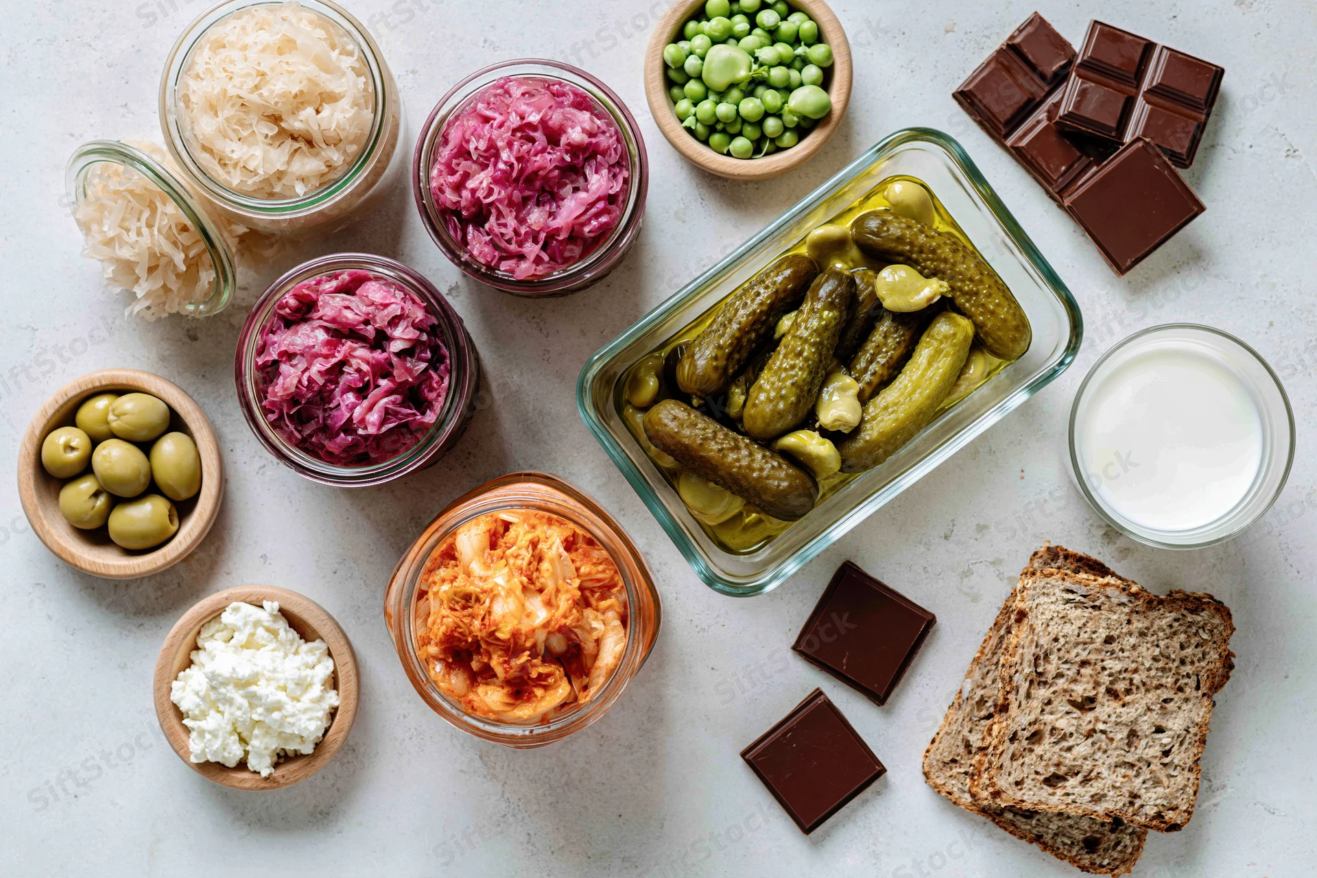 Overhead flat lay of fermented and probiotic foods arranged on a light surface including sauerkraut, kimchi, pickles, yogurt, olives, chocolate, and bread