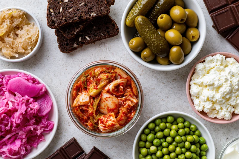 Overhead flat lay of fermented and probiotic foods arranged on a light surface including kimchi, sauerkraut, pickles, olives, cottage cheese, rye bread, and chocolate