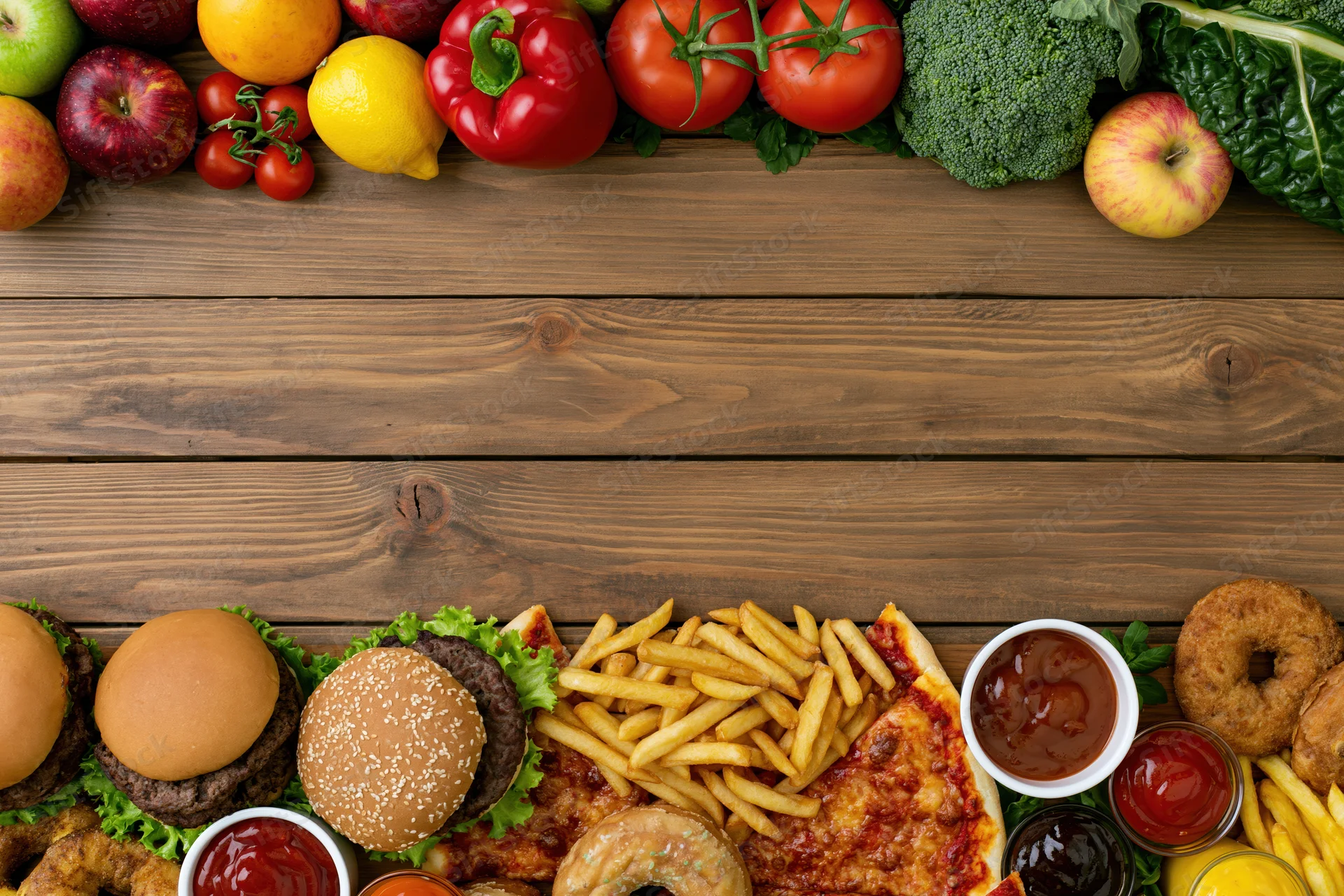 Fresh fruits and vegetables arranged along top of wooden table with fast food items along bottom edge