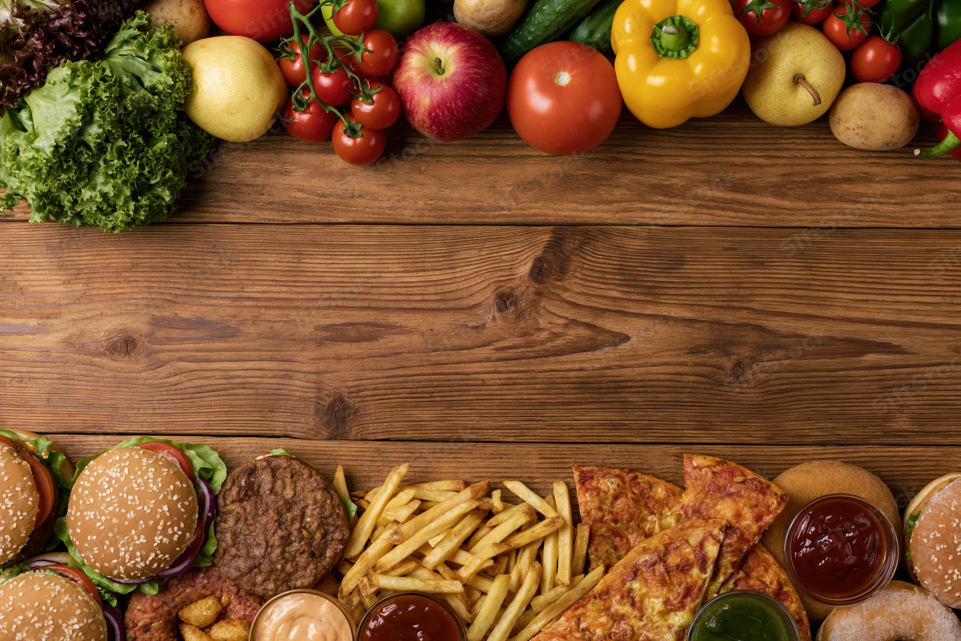 Fresh vegetables and fruits arranged at top of wooden table with fast food items at bottom
