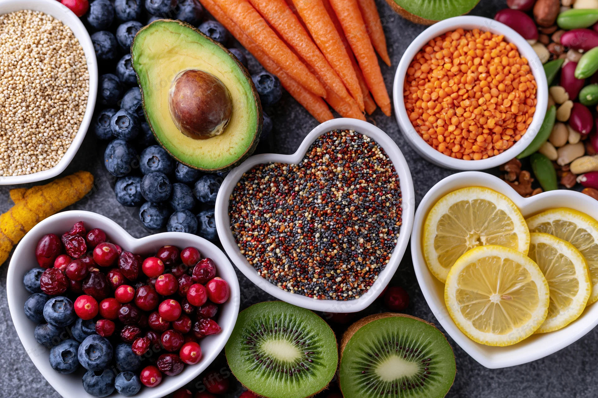 Overhead flat lay of fresh fruits vegetables grains and nuts arranged in heart-shaped bowls on dark surface