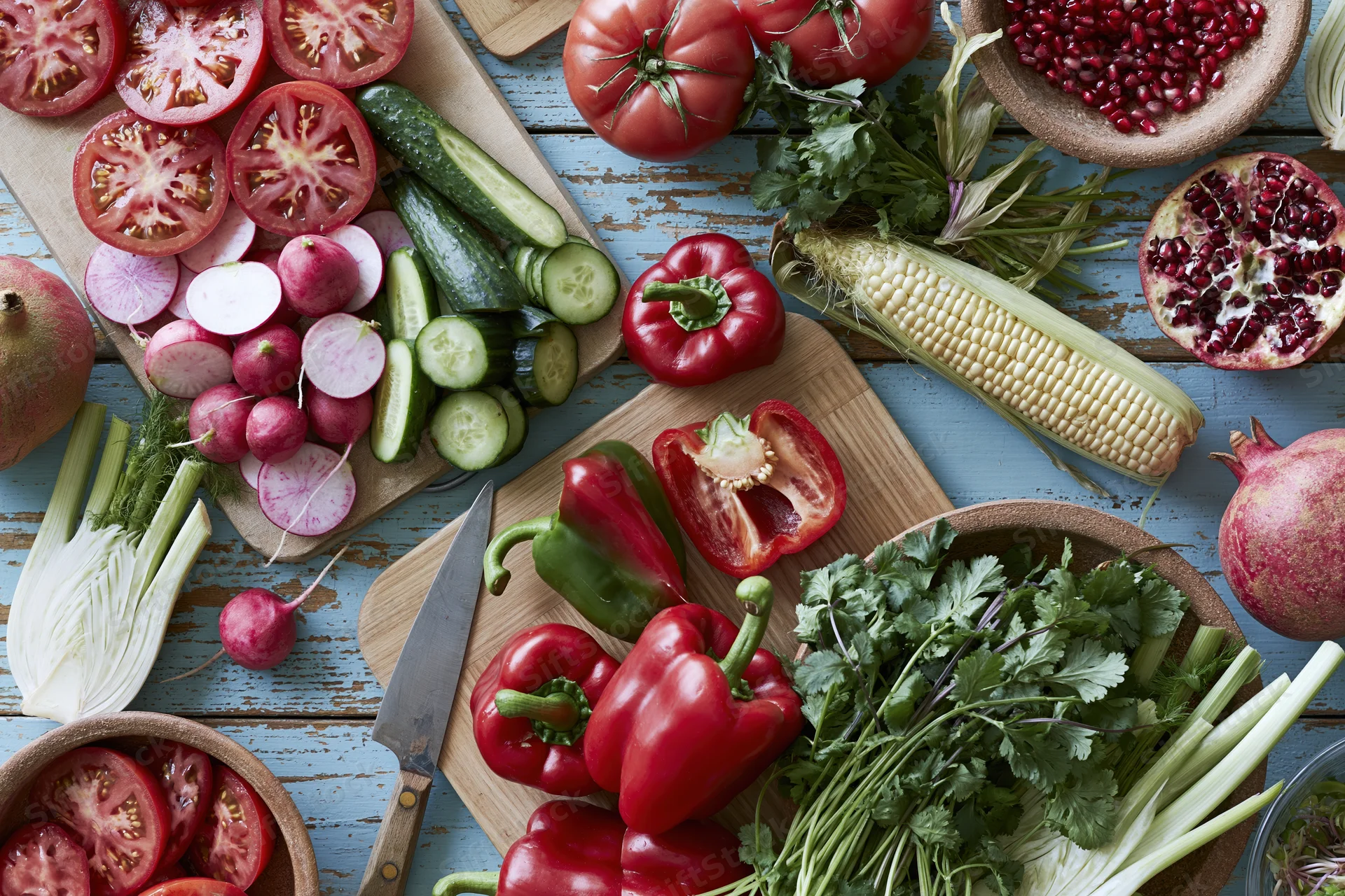 Overhead flat lay of fresh vegetables and fruits mid-prep on a rustic blue wooden surface with cutting boards and a knife