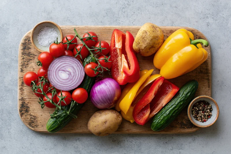 Fresh vegetables arranged on a worn wooden cutting board with salt and pepper bowls
