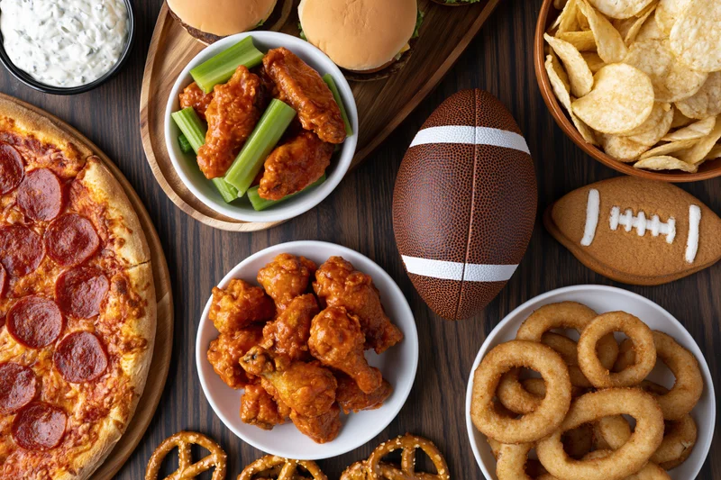 Game day party food spread on dark wood table with football and snacks