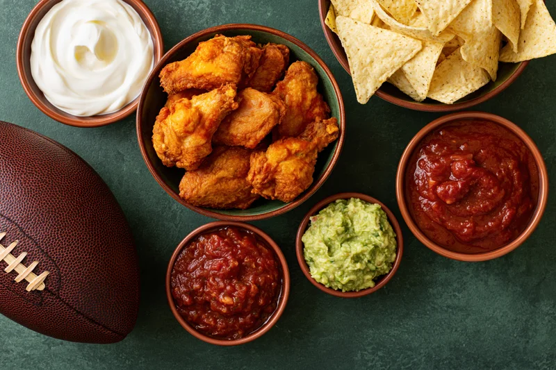 Overhead flat lay of game day snacks including buffalo chicken wings, tortilla chips, salsa, guacamole, and sour cream arranged with a football on a dark green surface