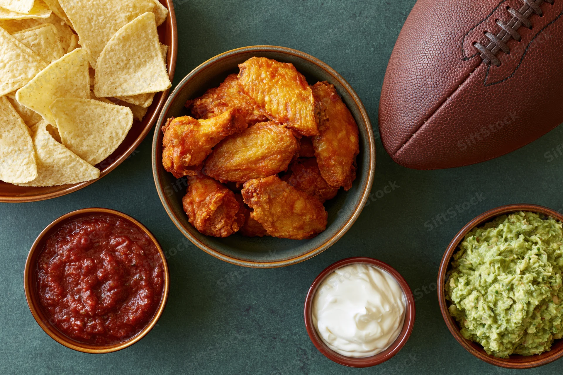 Overhead flat lay of game day snacks including buffalo chicken wings, tortilla chips, salsa, guacamole, sour cream, and a football on a dark surface