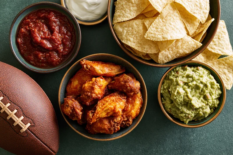 Overhead flat lay of game day snacks including buffalo chicken wings, tortilla chips, salsa, guacamole, and sour cream with a football on a dark surface