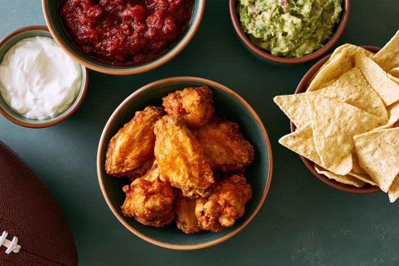 Buffalo chicken wings and game day snacks arranged on dark green surface with football, salsa, guacamole, sour cream, and tortilla chips in bowls