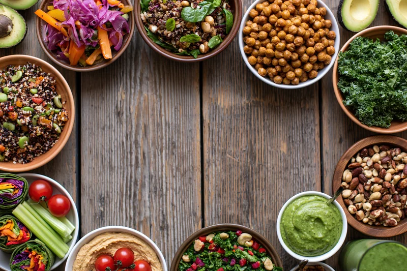 Overhead flat lay of plant-based lunch spread arranged on wooden table with bowls of salads, hummus, avocado, and vegetables surrounding central copyspace