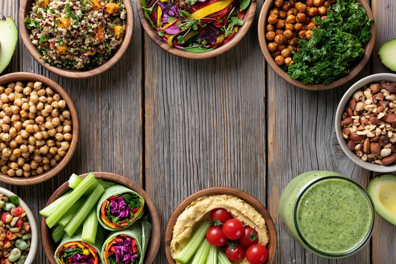 Overhead flat lay of plant-based lunch spread with bowls of salad, hummus, smoothie, wraps and chickpeas on rustic wooden table