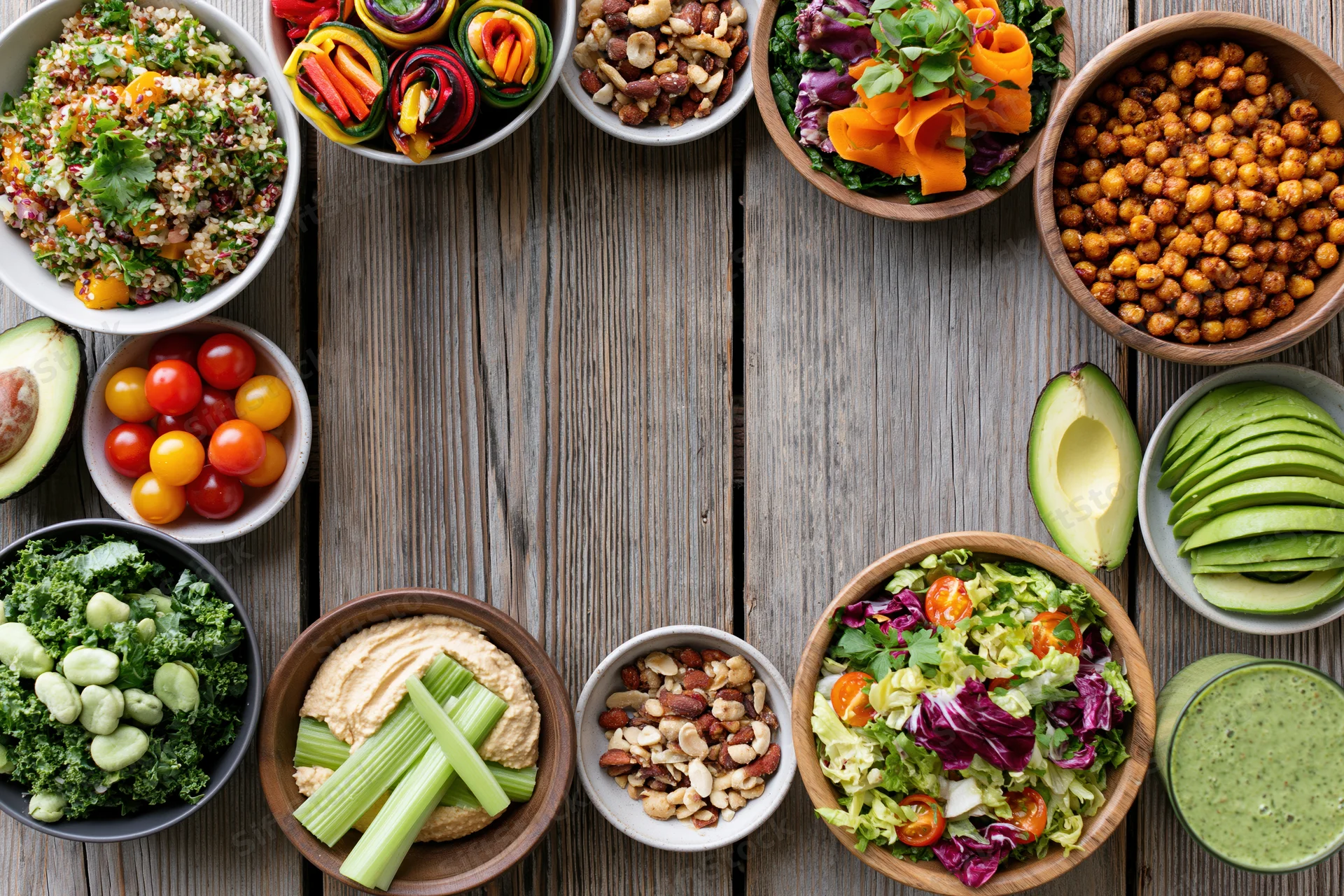 Overhead flat lay of a plant-based lunch spread with salads, vegetables, hummus, avocado, nuts and smoothie on a wooden table