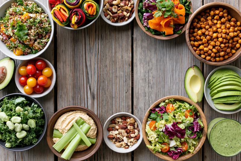Overhead flat lay of a plant-based lunch spread with salads, vegetables, hummus, avocado, nuts and smoothie on a wooden table