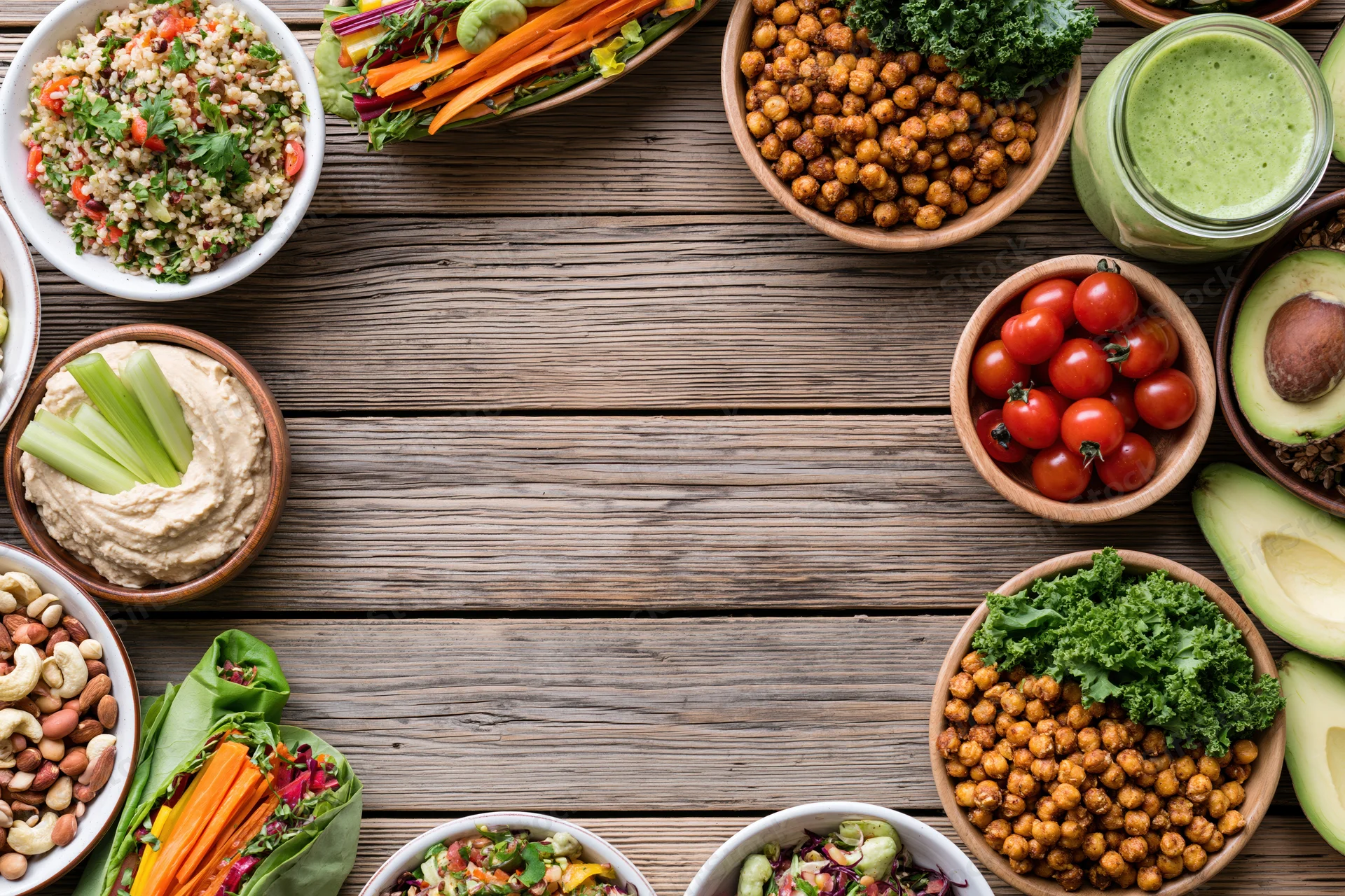 Overhead flat lay of plant-based lunch spread arranged on wooden table with bowls of vegetables, hummus, chickpeas, avocado, and smoothie around central copyspace