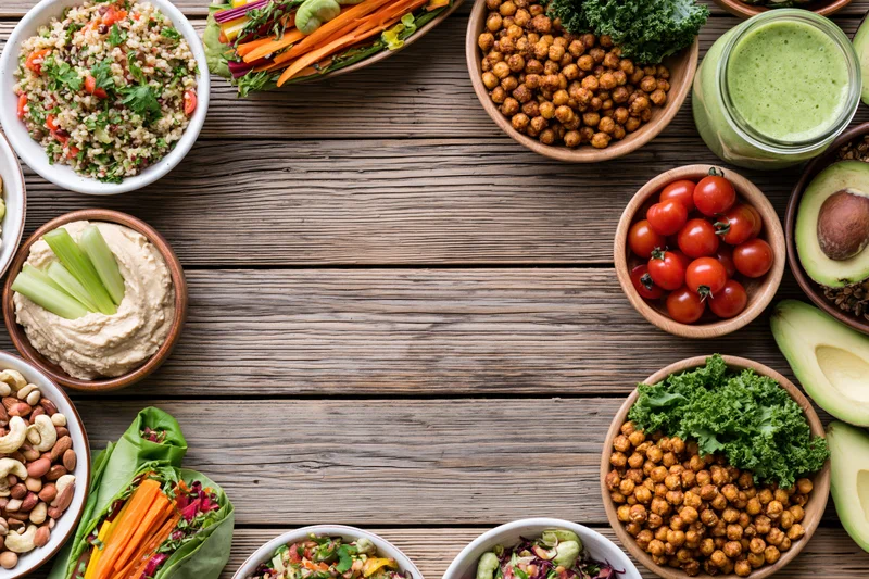Overhead flat lay of plant-based lunch spread arranged on wooden table with bowls of vegetables, hummus, chickpeas, avocado, and smoothie around central copyspace