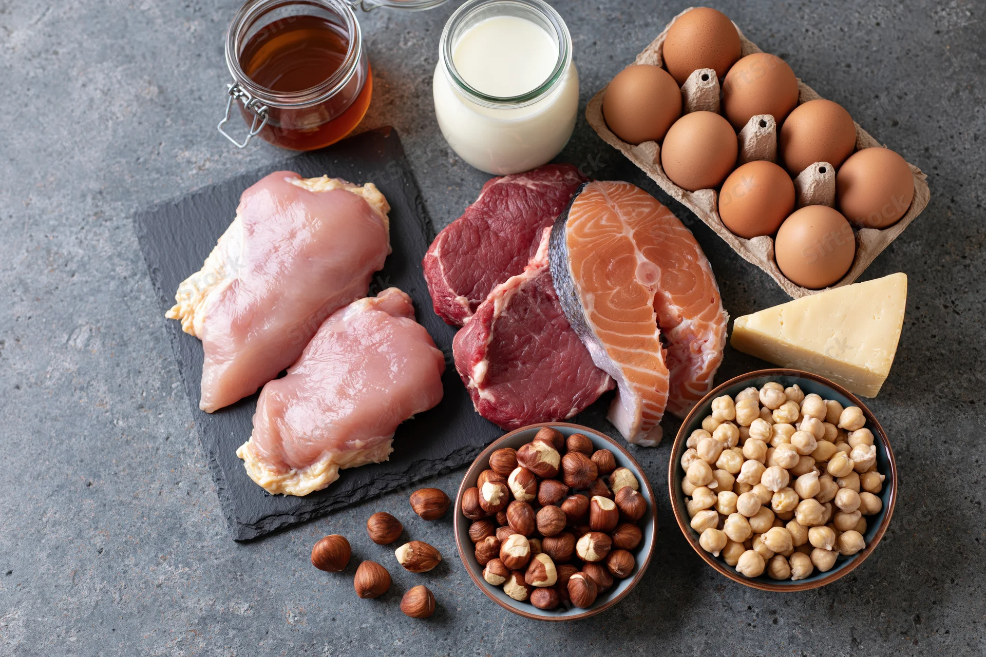 High-protein foods arranged in flat lay on dark stone countertop