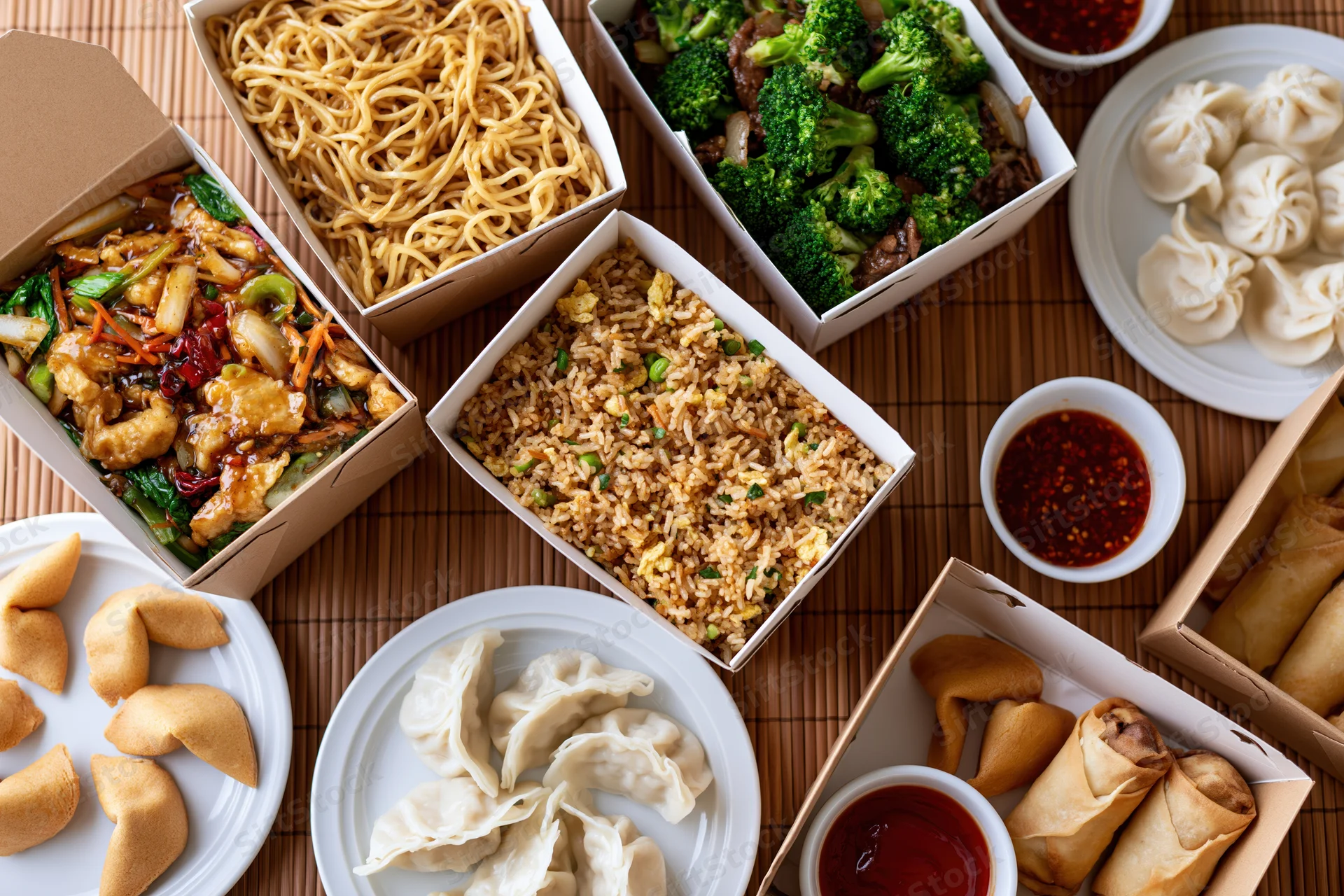 Overhead flat lay of multiple chinese takeout boxes filled with noodles, fried rice, broccoli, dumplings, spring rolls, fortune cookies, and sauces on a bamboo mat