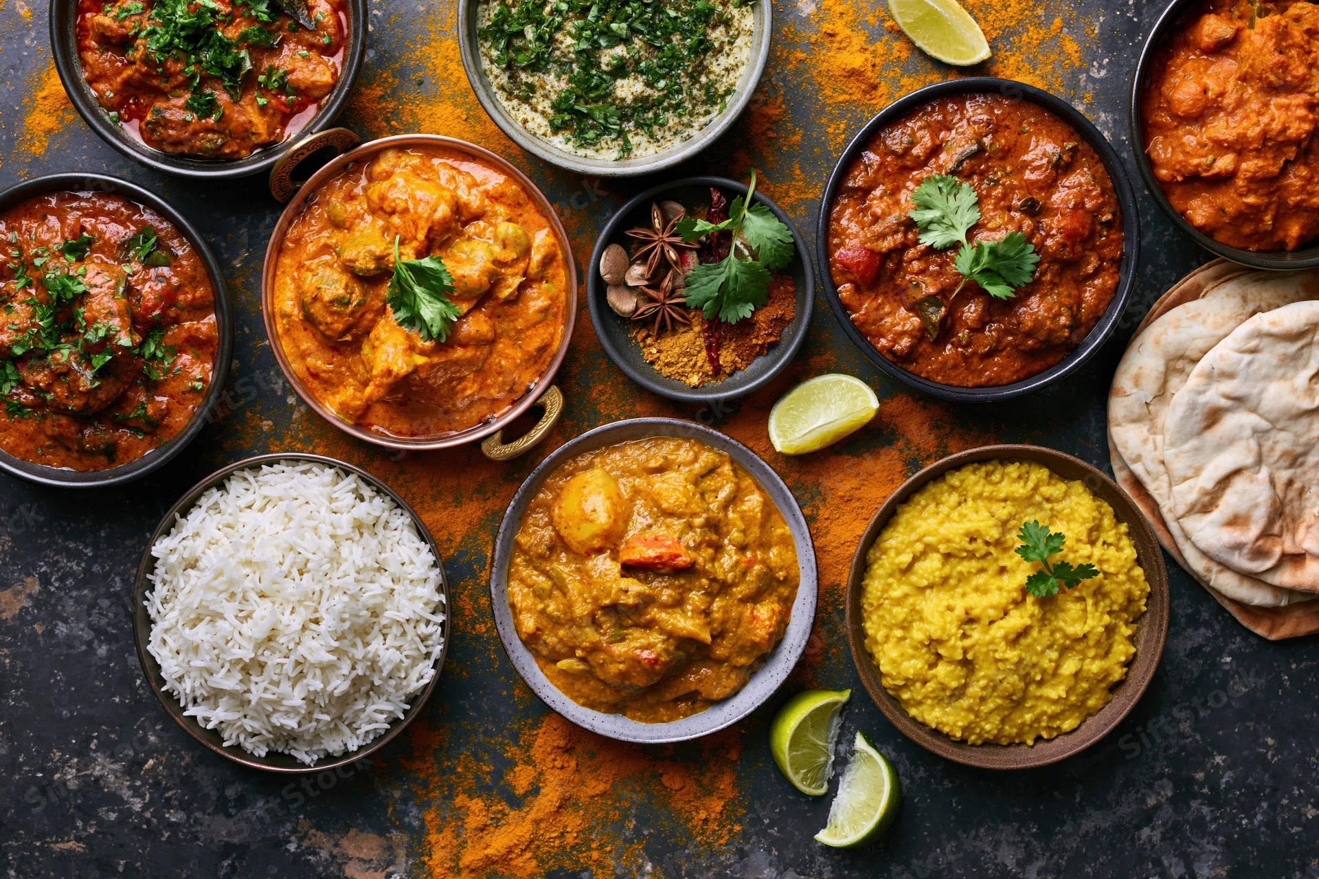 Overhead flat lay of multiple indian curry dishes rice dal and naan on dark textured surface