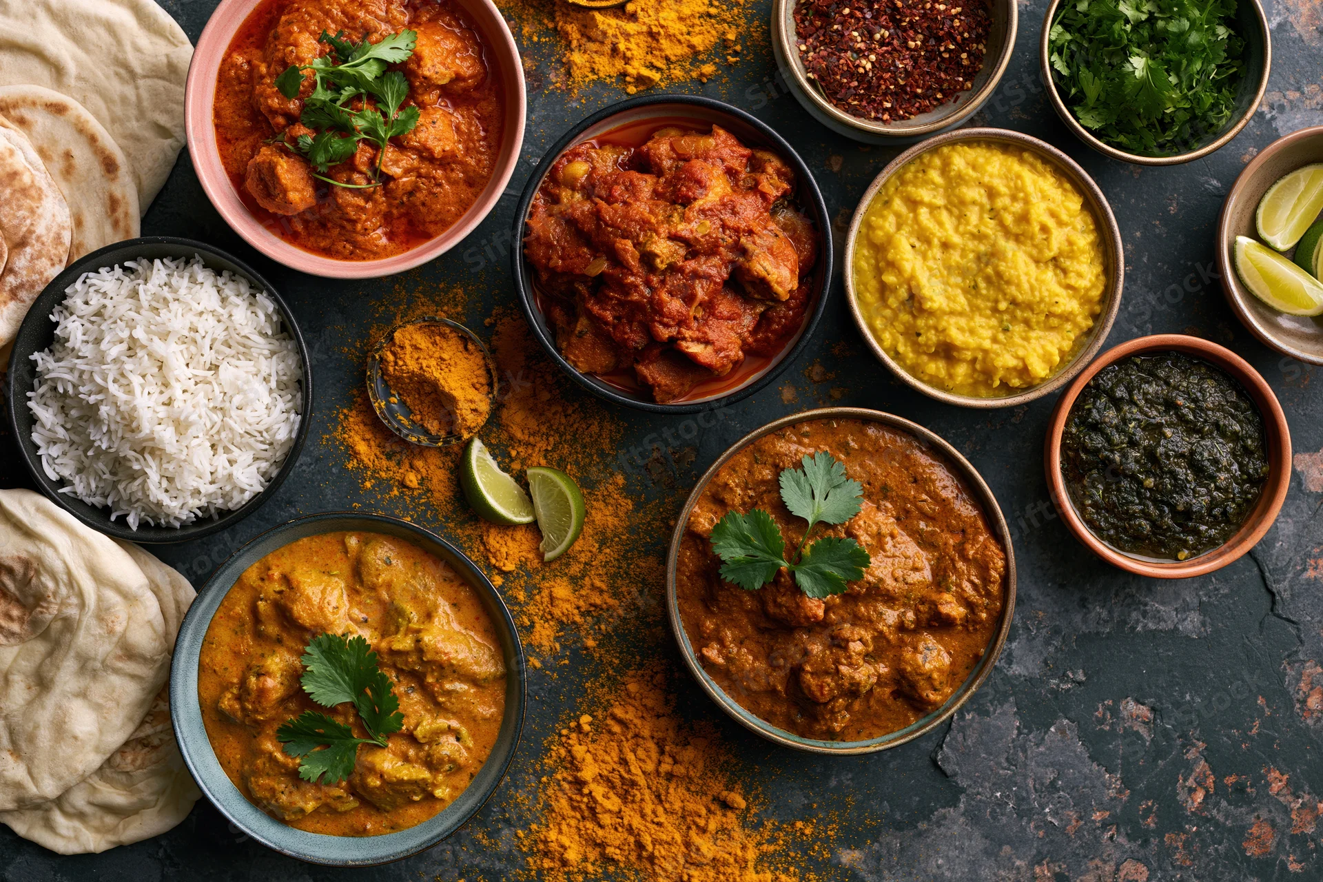 Overhead flat lay of multiple indian curry dishes rice dal naan and spices arranged on dark textured surface