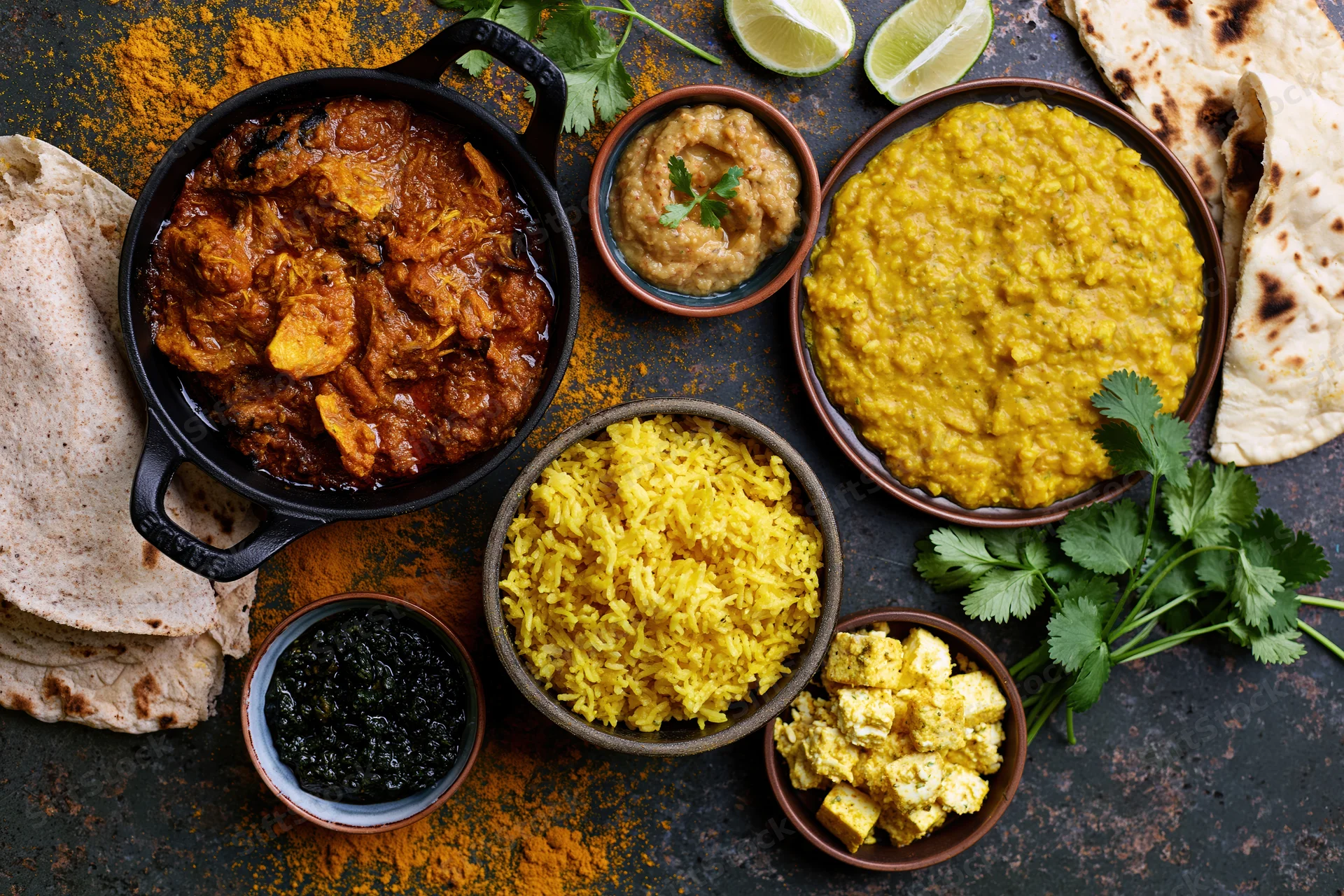 Overhead flat lay of indian dishes including curry, rice, dal, naan, paneer, and chutney arranged on dark textured surface