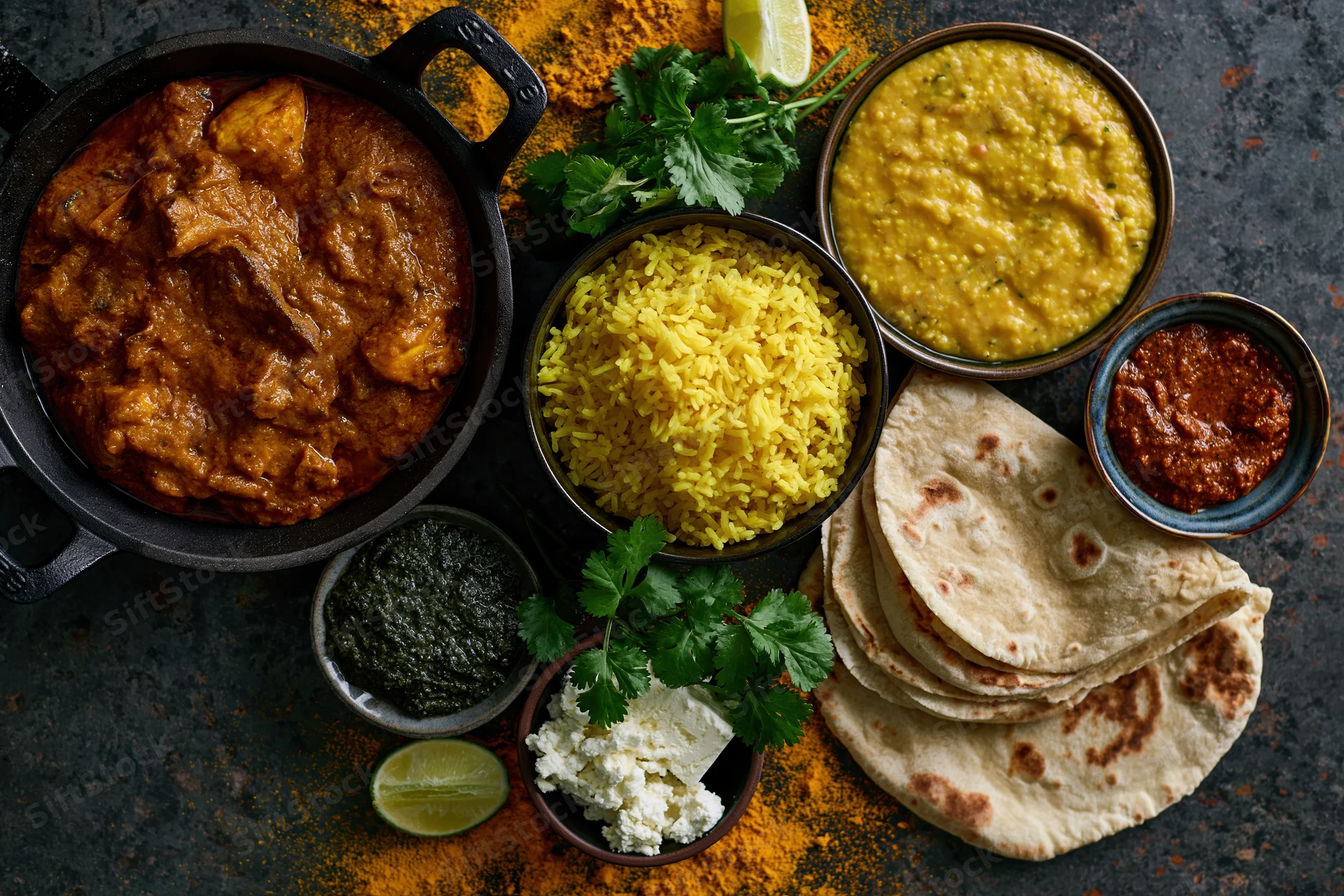 Overhead flat lay of indian dishes including curry, rice, naan, dal, chutney, yogurt, and cilantro on dark textured surface