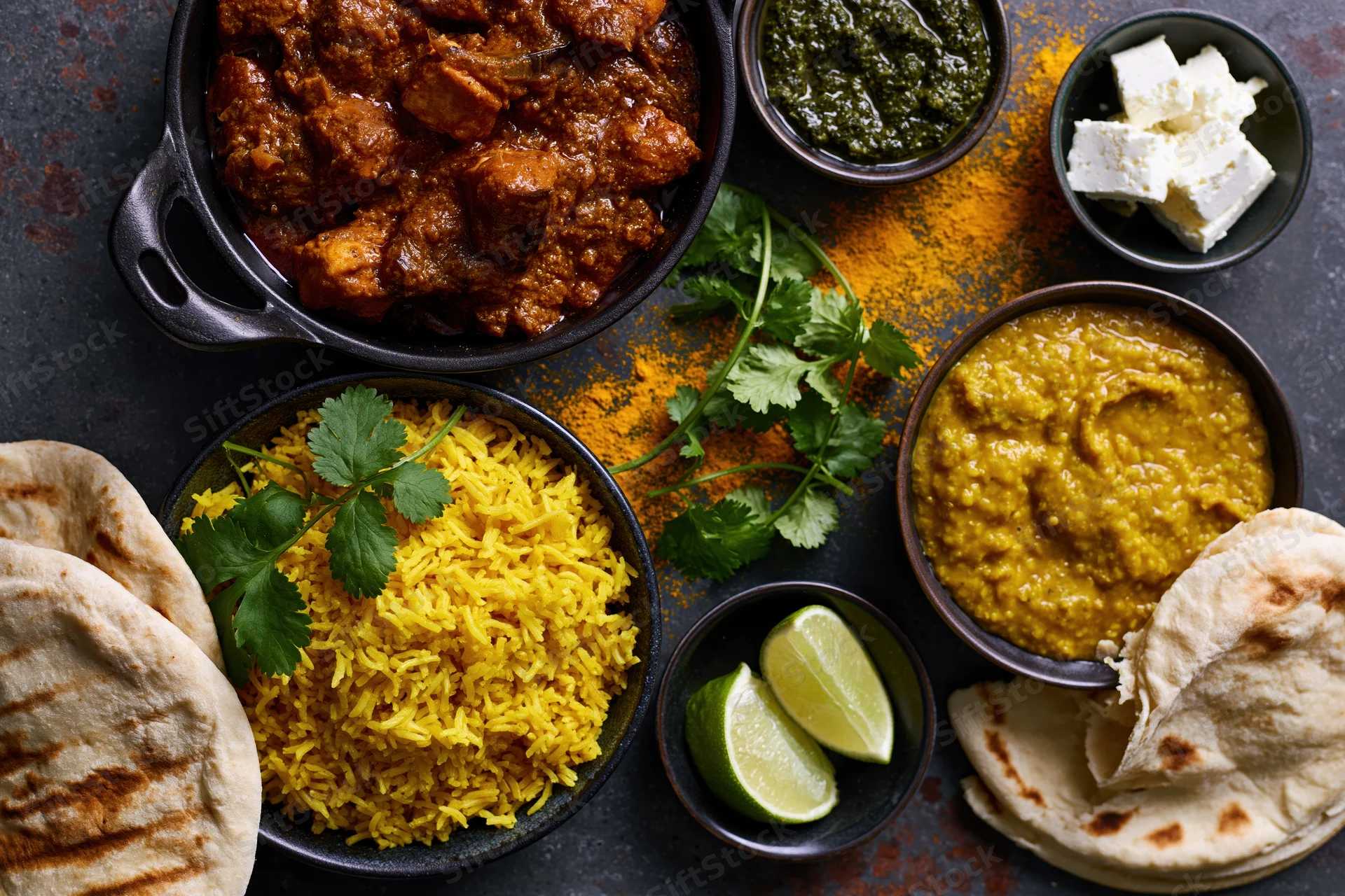 Overhead flat lay of indian dishes including curry, yellow rice, dal, naan, cilantro, lime, and turmeric spice on dark textured surface