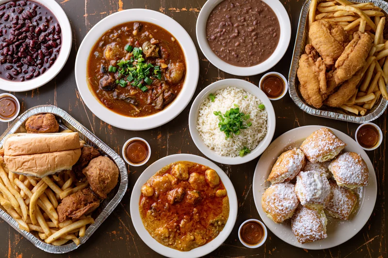 Overhead flat lay of southern cajun restaurant dishes on wooden table