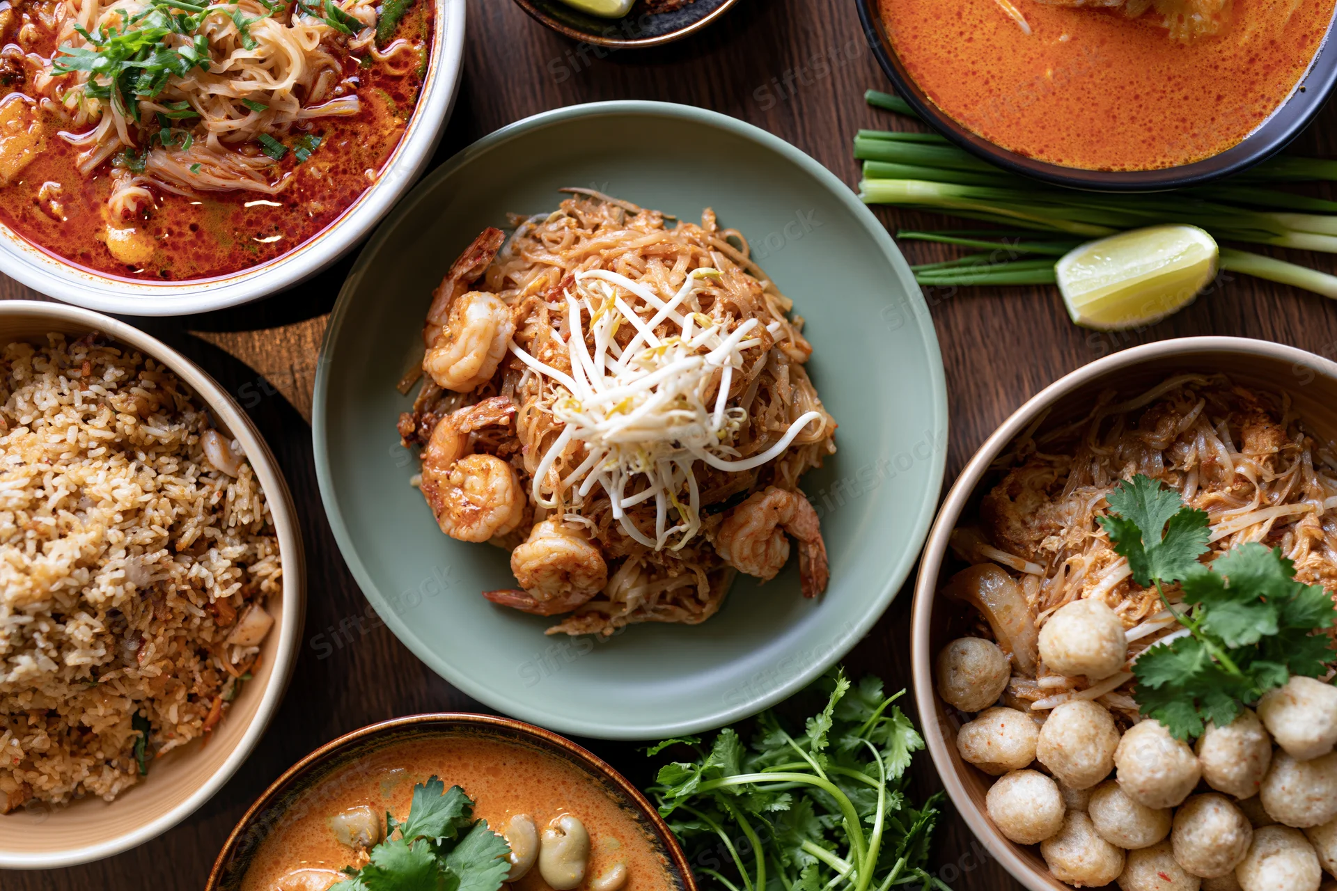 Overhead flat lay of multiple thai dishes including pad thai with shrimp and bean sprouts, curry, fried rice, and garnishes on a dark wooden table