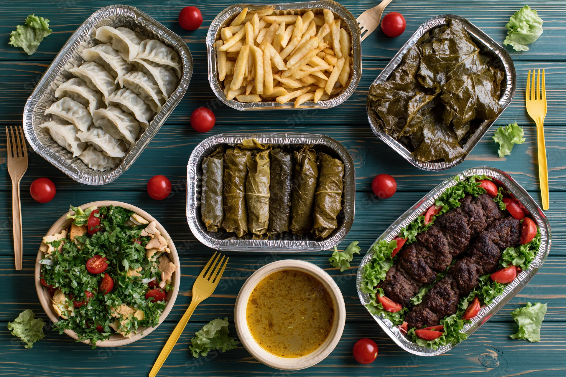 Multiple takeout dishes arranged on a wooden table with forks and garnishes
