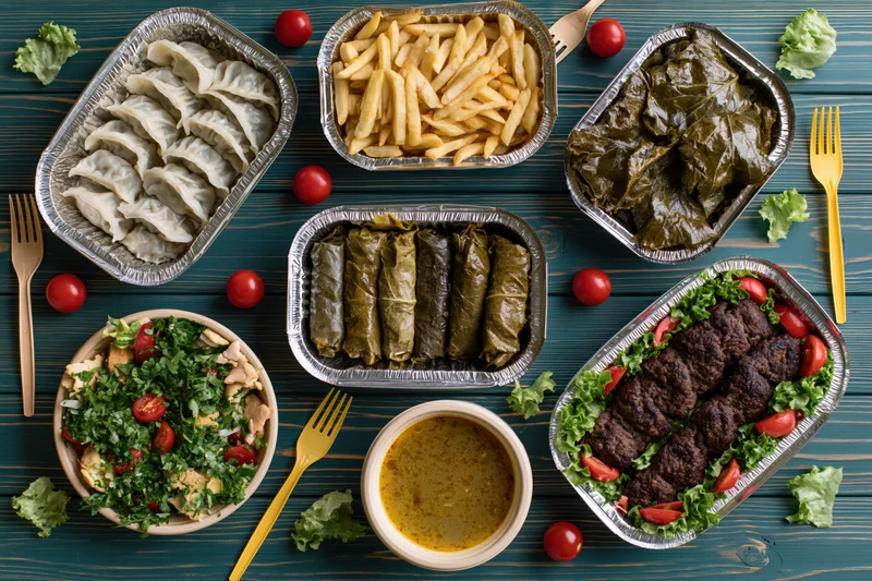 Multiple takeout dishes arranged on a wooden table with forks and garnishes