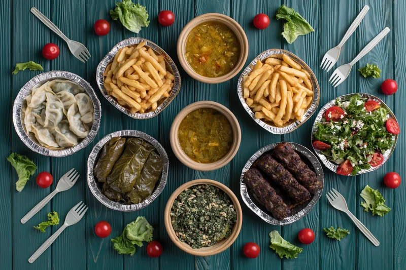 Overhead flat lay of multiple takeout dishes arranged on a blue wooden table with forks and garnishes
