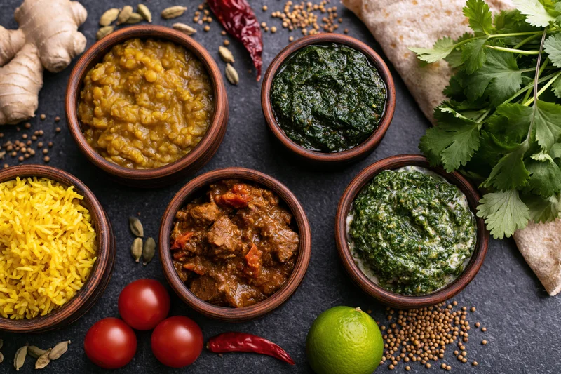 Overhead flat lay of indian dishes in clay bowls with rice, curries, and fresh herbs on dark surface