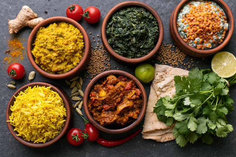 Overhead flat lay of indian dishes in clay bowls with spices and herbs on dark surface