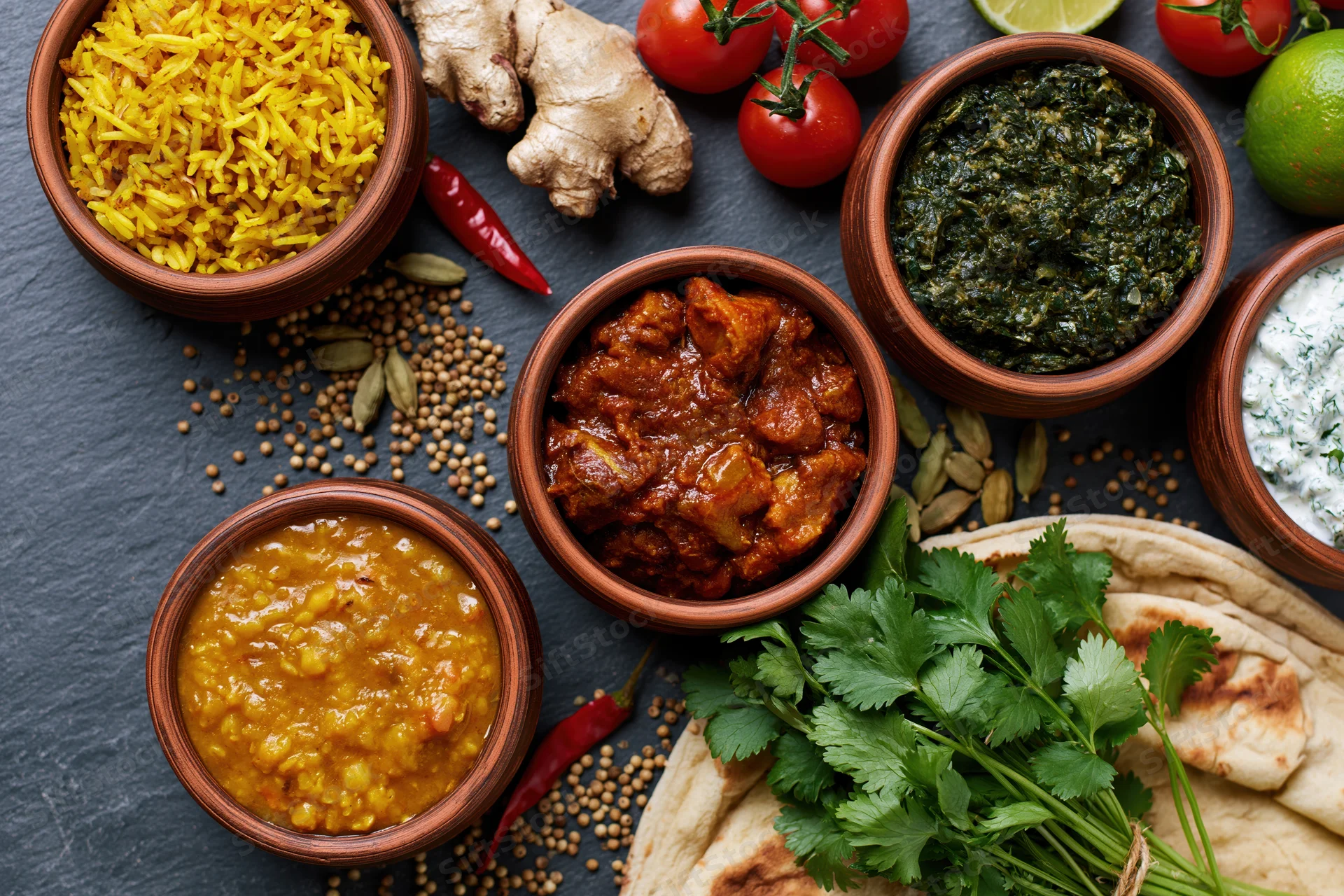 Overhead flat lay of indian dishes in clay bowls with naan, curry, rice, and fresh herbs on dark surface