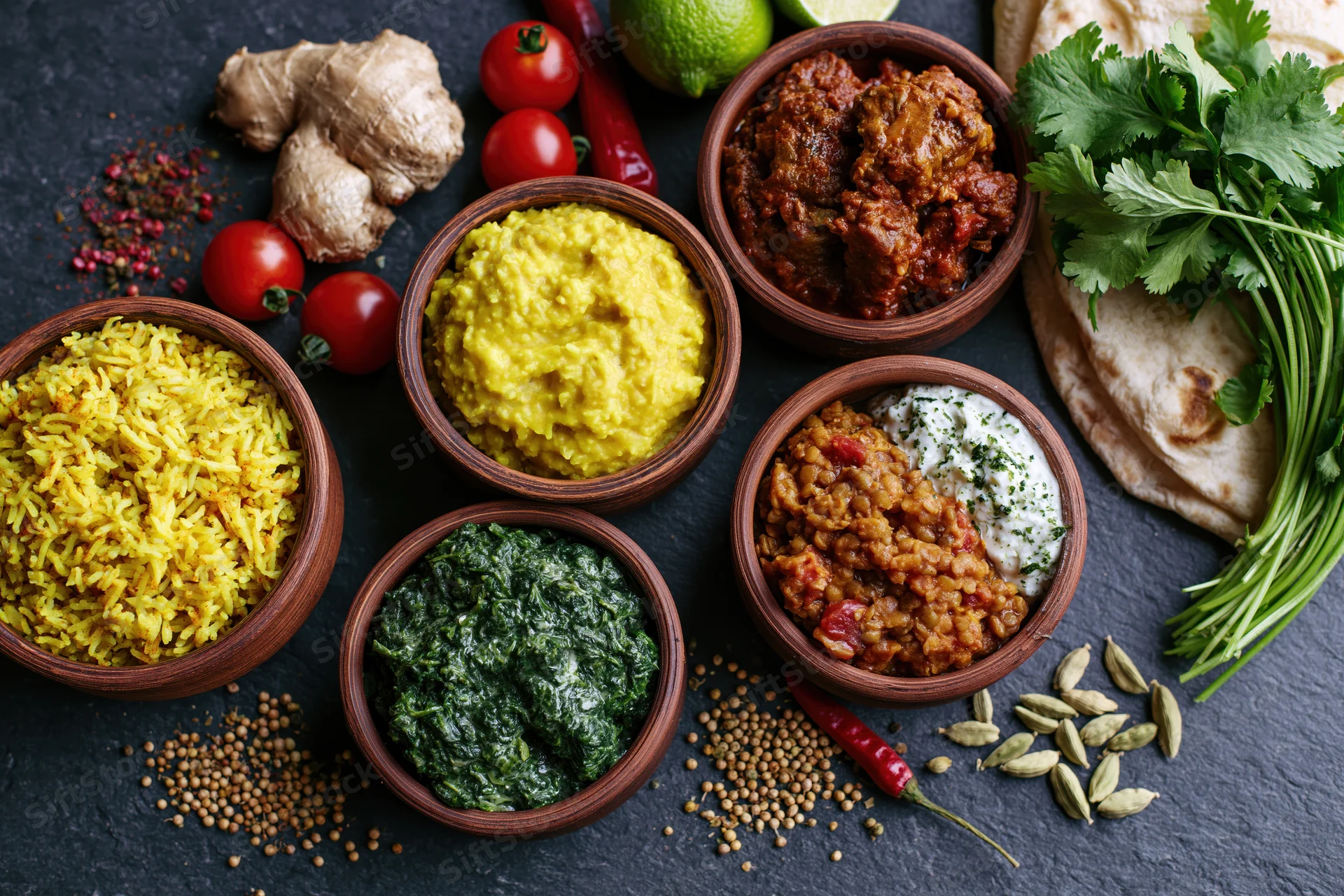 Overhead flat lay of indian dishes in clay bowls arranged on dark slate surface with fresh herbs and spices