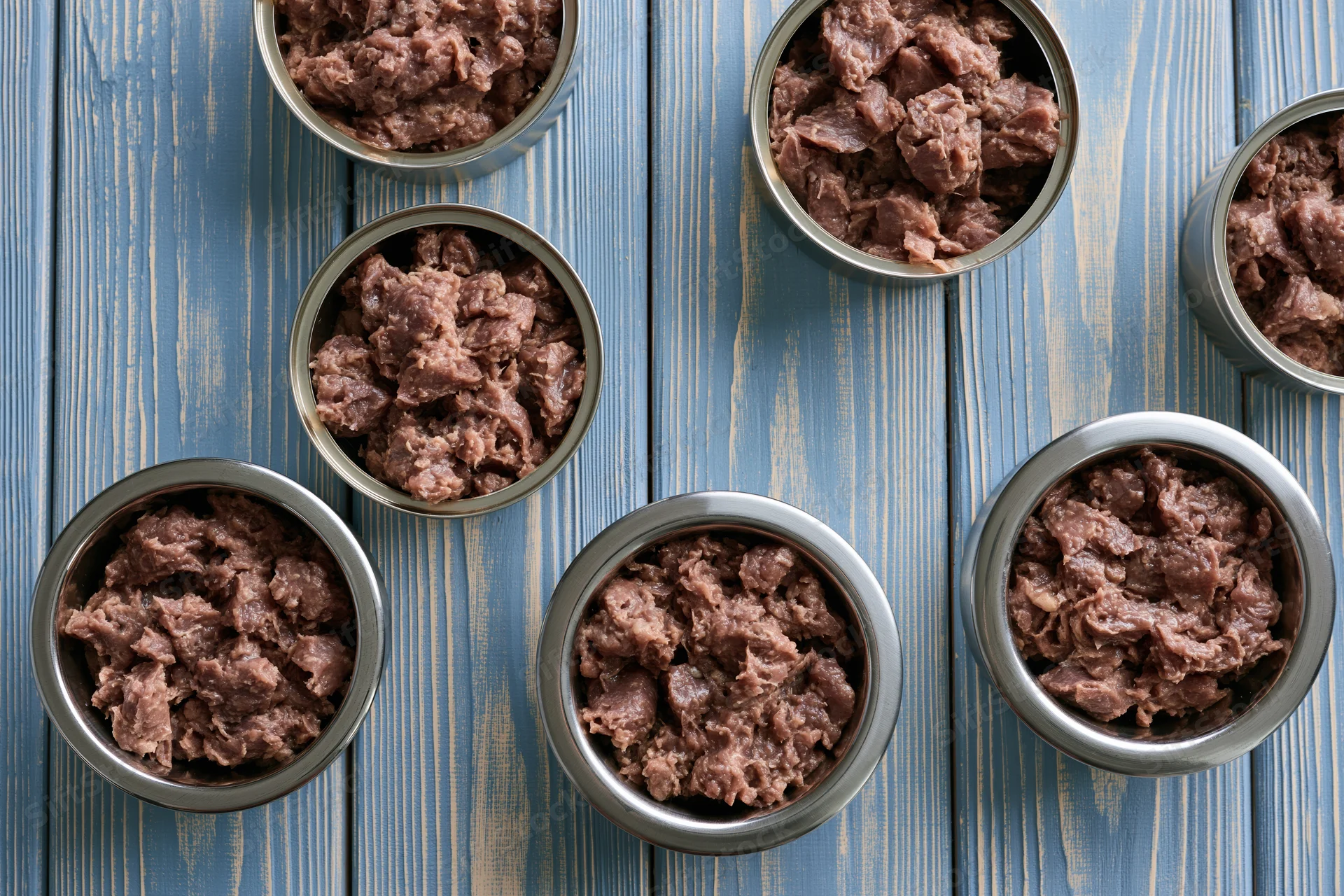 Open metal pet food cans arranged on a blue wooden surface in overhead flat lay view