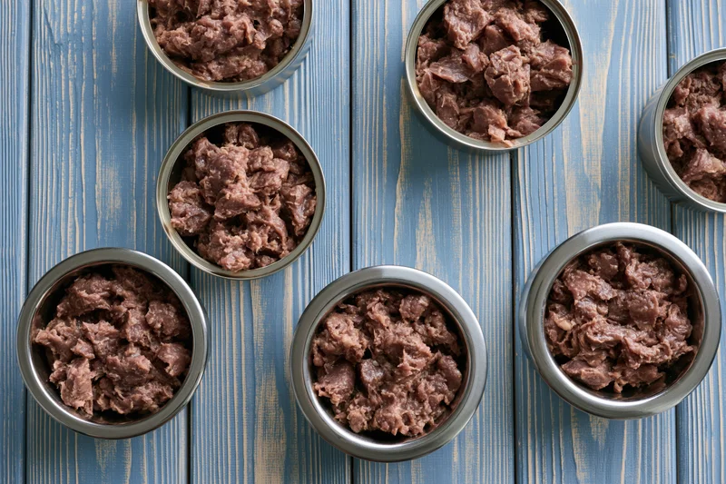 Open metal pet food cans arranged on a blue wooden surface in overhead flat lay view