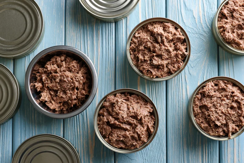 Open metal cans of chunky pet food arranged on a blue wooden tabletop in overhead flat lay view